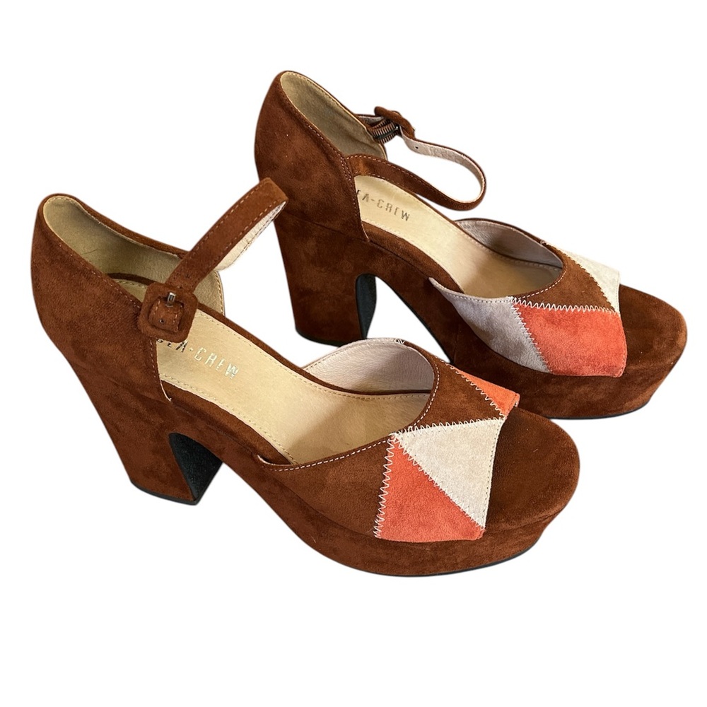Chelsea Crew Brown & Orange color block Suede quilted Platform peep toe size 40